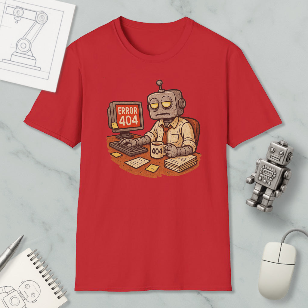 a red t-shirt with a cartoon robot sitting at a desk, working on a computer, and displaying an error message that reads " Error 404". The t-shirt is surrounded by various objects, including a computer mouse, a pen, and a notebook.