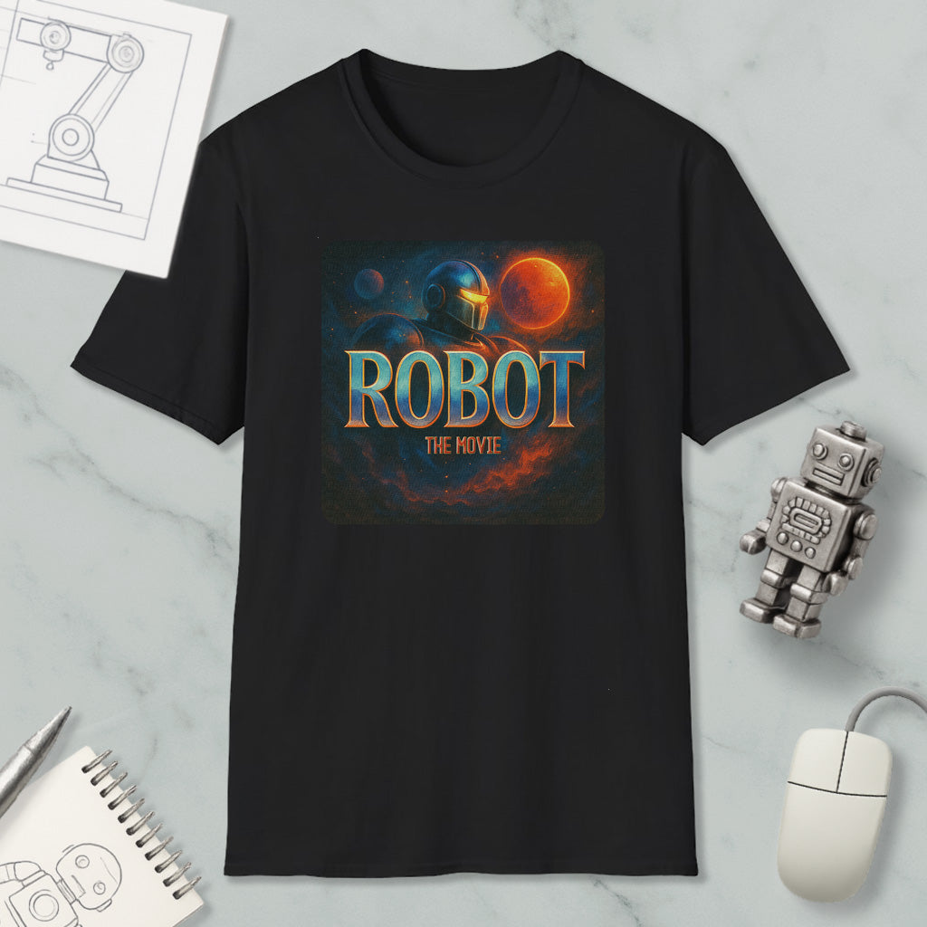 a black t-shirt with a graphic design depicting a robot and a planet, along with the text "ROBOT THE MOVIE".