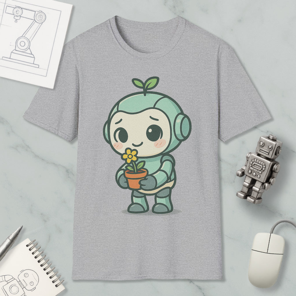 a gray t-shirt with a cartoon robot holding a flower, surrounded by various objects such as a computer mouse, a notebook, and a robot figurine.