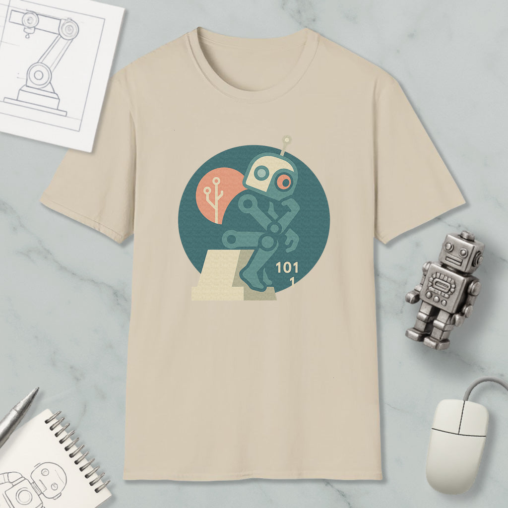 a beige t-shirt with a graphic design of a robot, a computer mouse, a notebook, and a pen on a marble surface.