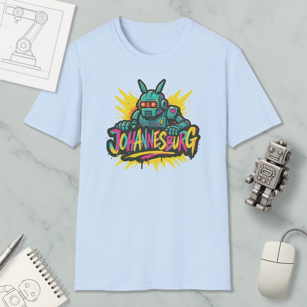 a light blue t-shirt with a colorful graphic design, including a robot and the text "Johannesburg". The t-shirt is placed on a marble surface, along with various objects such as a computer mouse, a pen, and a notebook.