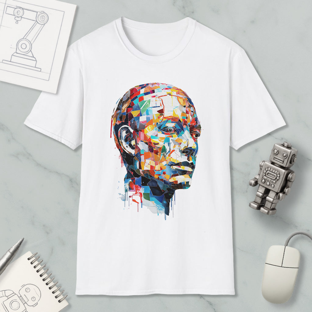 a white t-shirt with a colorful, abstract portrait of a man's face printed on it, along with various objects such as a computer mouse, a robot, and a notebook.