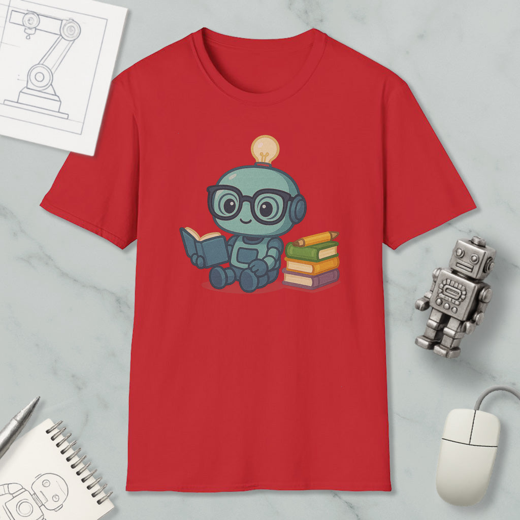 a red t-shirt with a cartoon robot sitting and reading a book, surrounded by various objects such as a computer mouse, a notebook, and a stack of books.
