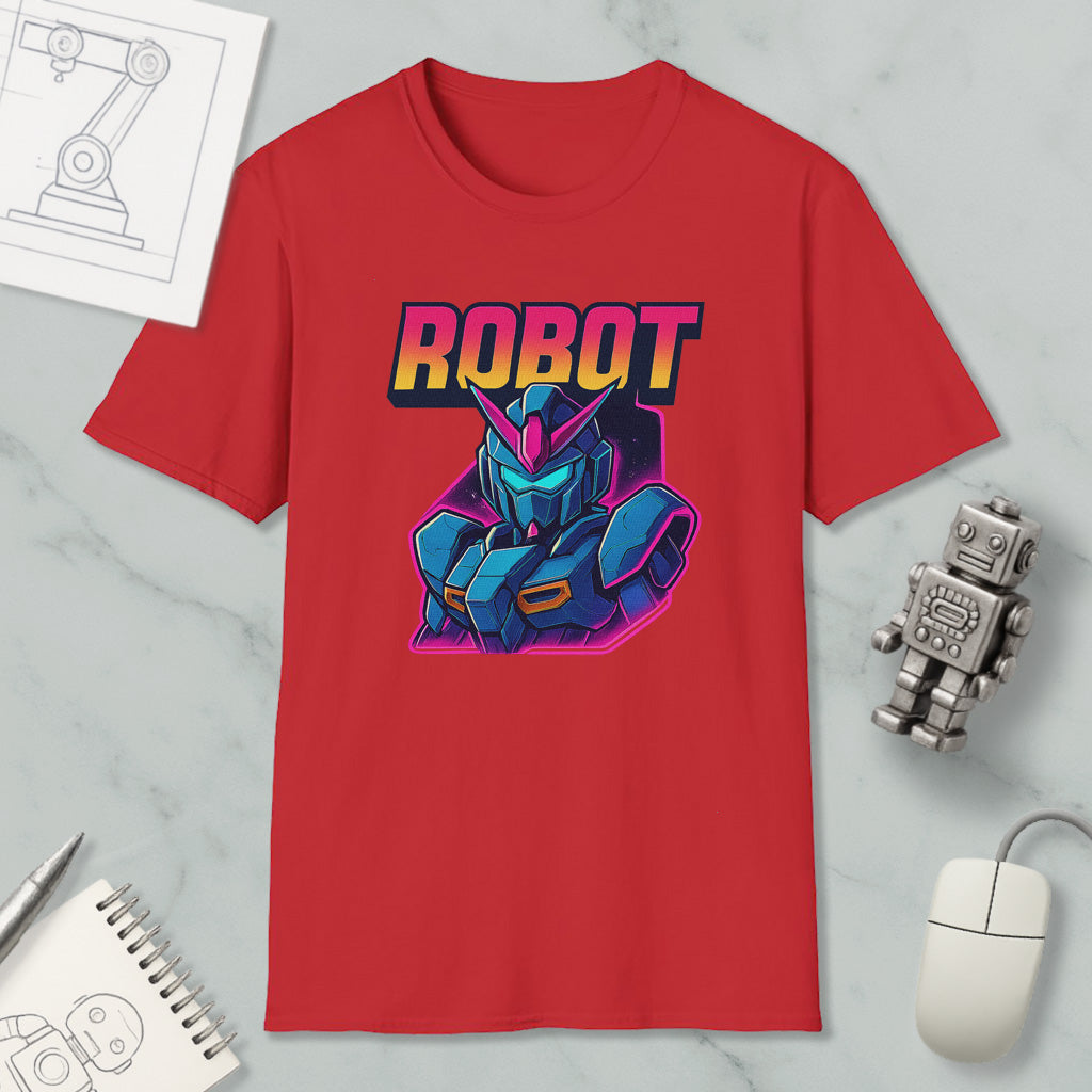 a red t-shirt with a graphic of a robot character, along with various objects such as a computer mouse, a notebook, and a pen.