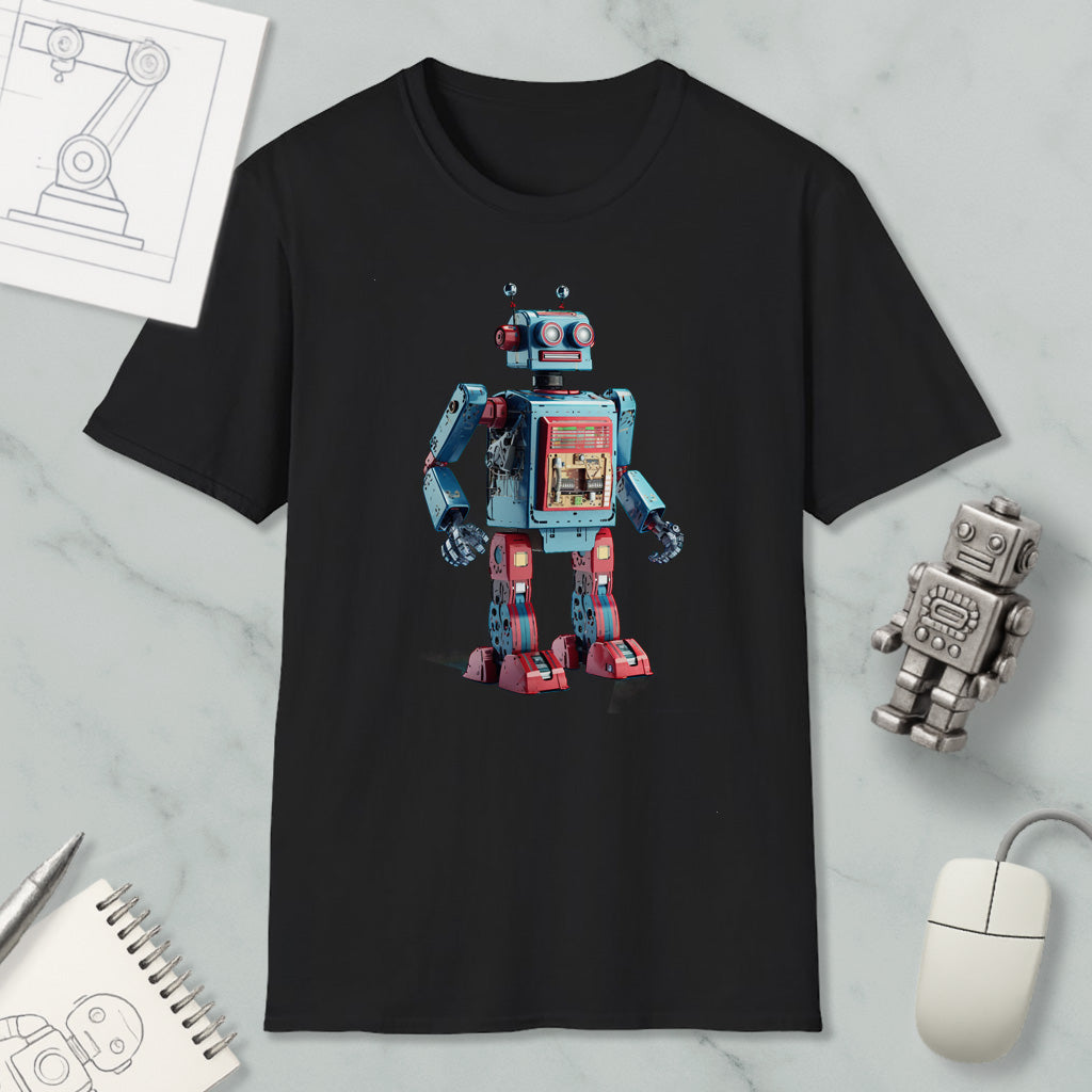 a black t-shirt with a colorful robot design printed on it, along with various objects such as a computer mouse, a notebook, and a pen.