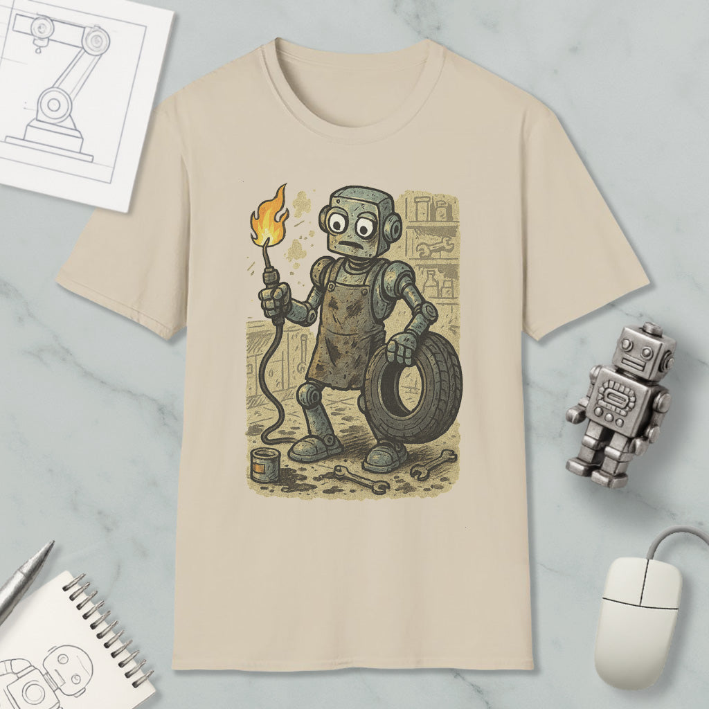 a t-shirt with a cartoon robot holding a lighter and a tire, surrounded by various objects such as a computer mouse, a notebook, and a sketch.
