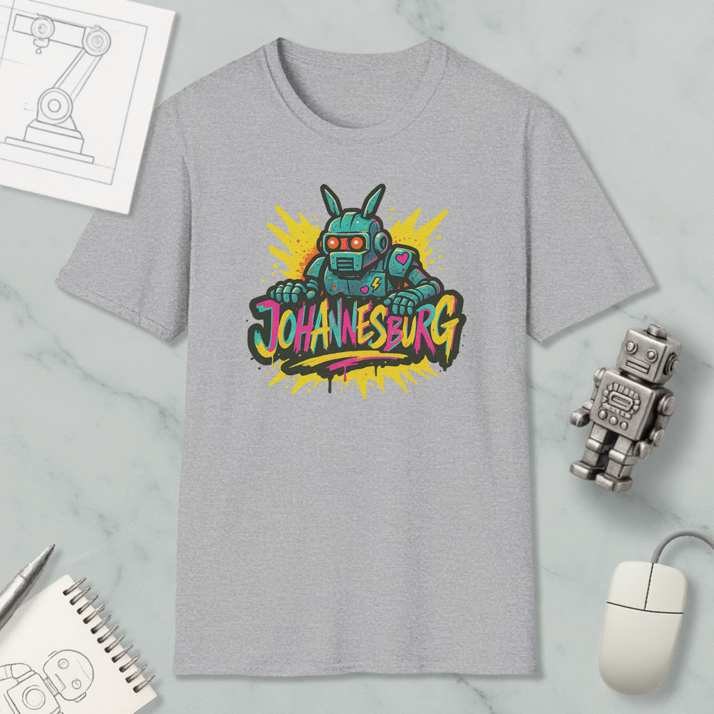 a gray t-shirt with a colorful graphic design, including a robot and the text "Johannesburg". The t-shirt is placed on a marble surface, along with a computer mouse, a pen, and a notebook.