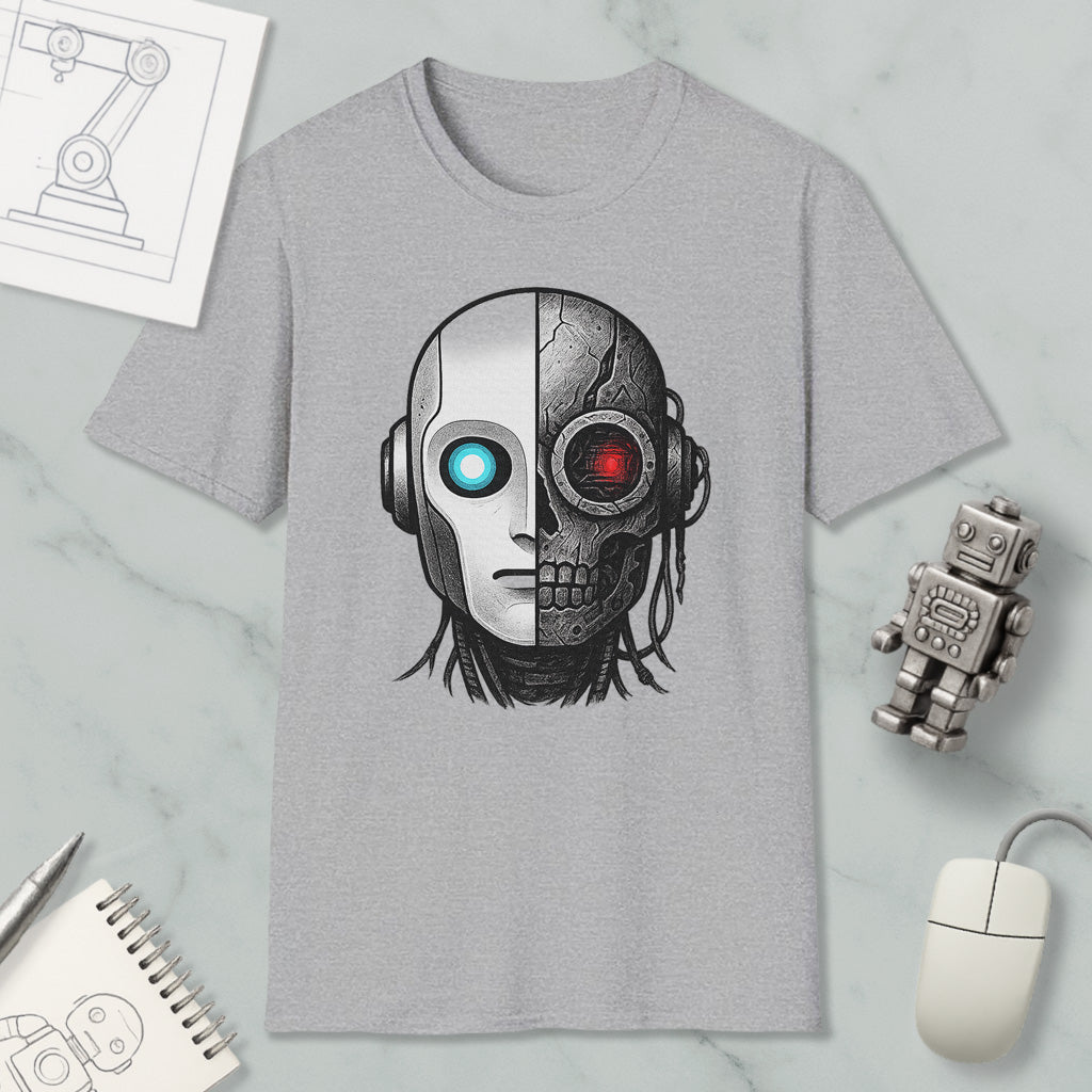 a gray t-shirt with a graphic design depicting a robot or cyborg head with a skull-like face, surrounded by various objects such as a computer mouse, a notebook, and a robot figurine.