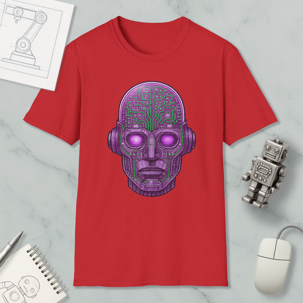 a red t-shirt with a purple robot or cyborg head design, along with various objects such as a computer mouse, a notebook, and a pen.
