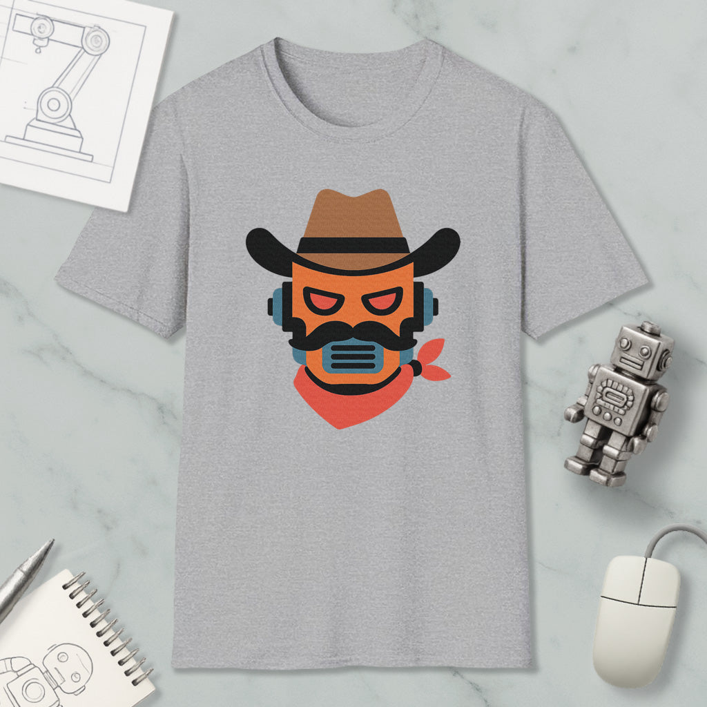 a gray t-shirt with a graphic design of a cowboy hat and a robot face, along with various objects such as a mouse, a notebook, and a robot.