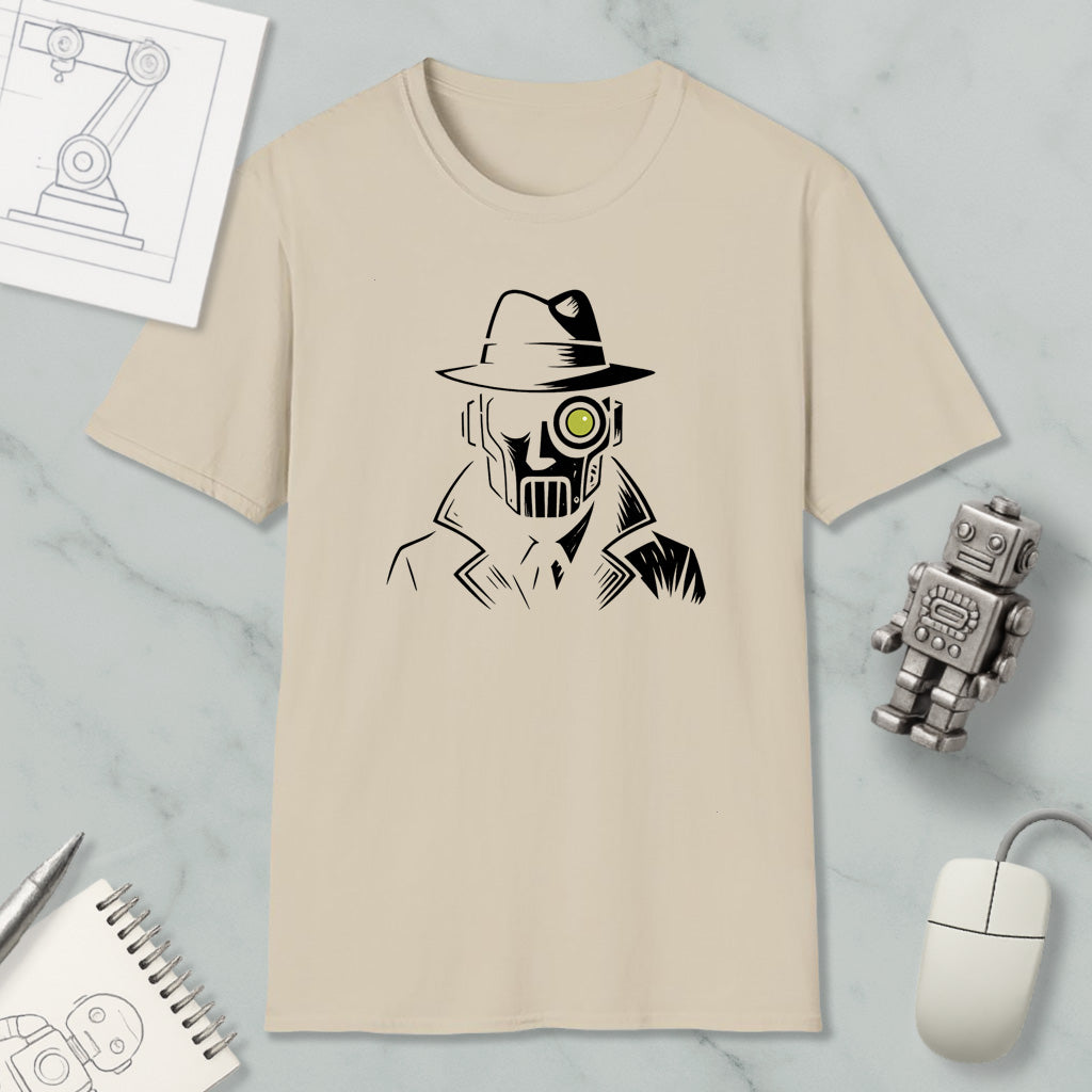 a beige t-shirt with a graphic design depicting a man wearing a fedora and a mask, along with a robot and a computer mouse.