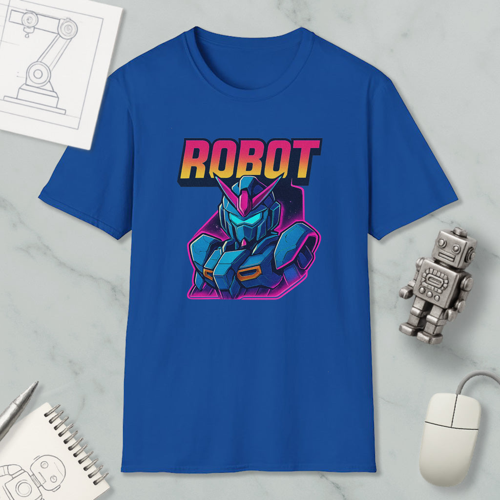 a blue t-shirt with a graphic of a robot character, along with various objects such as a computer mouse, a pen, and a notebook.