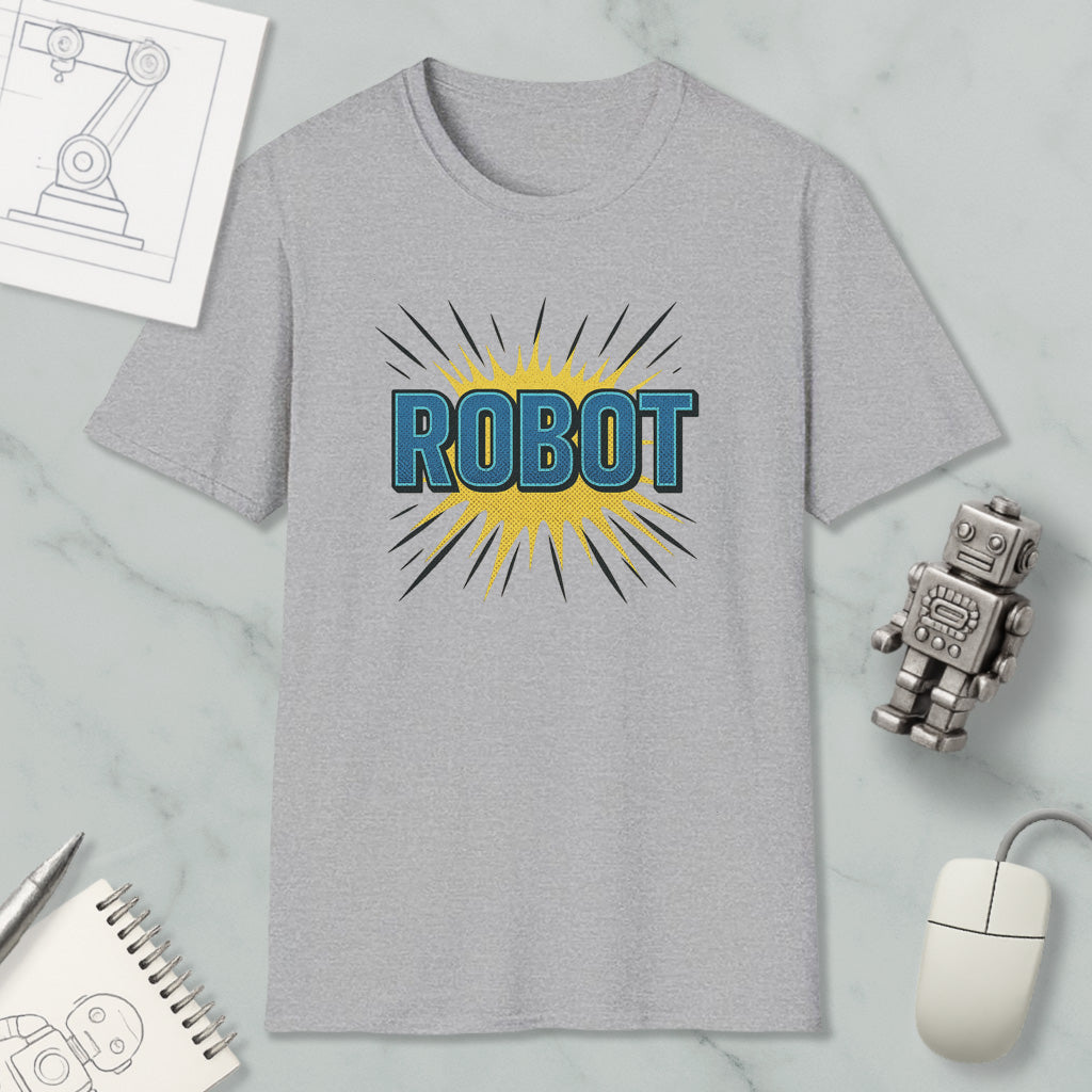 a gray t-shirt with a graphic design of a robot, along with various objects such as a computer mouse, a notebook, and a sketch of a robot.