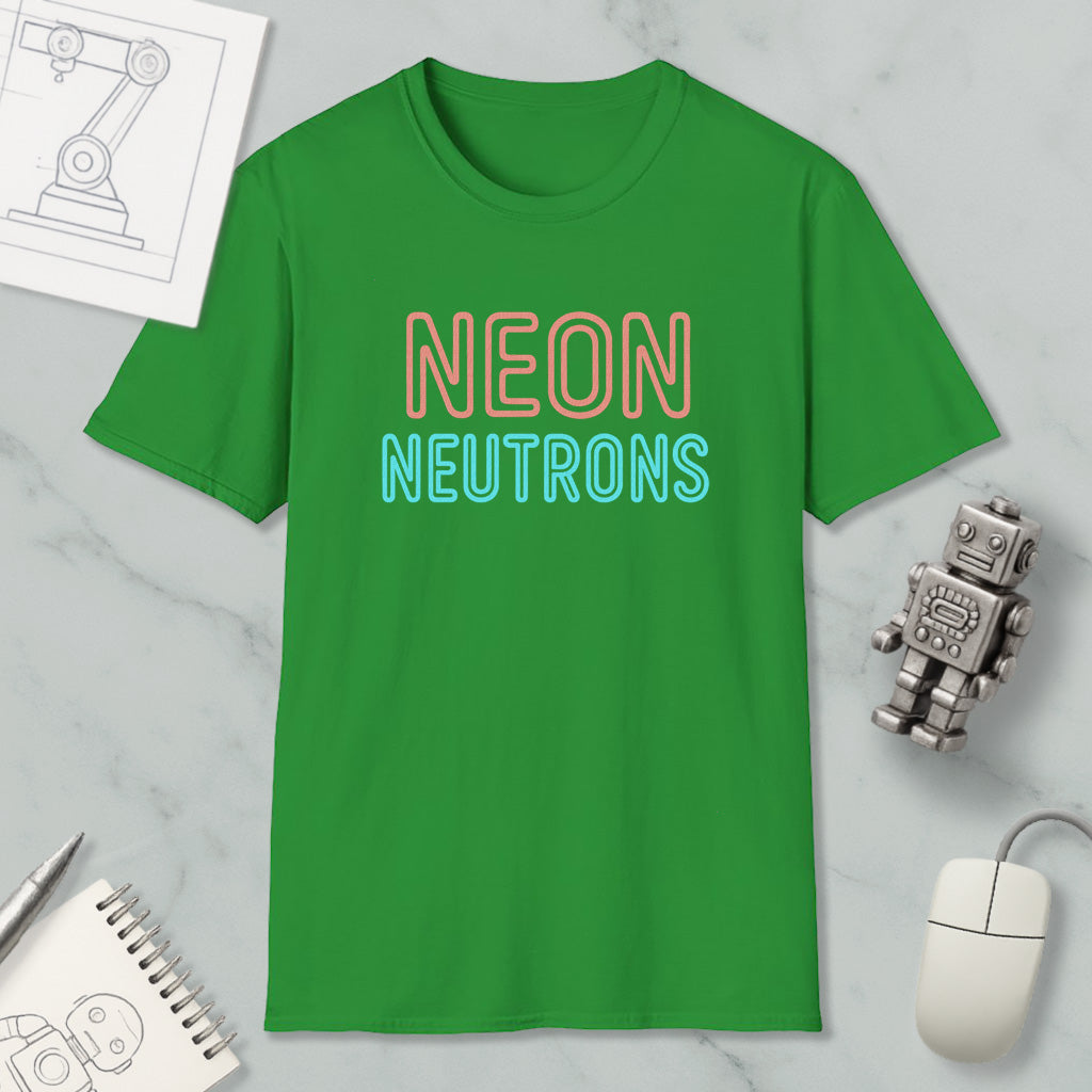 a green t-shirt with the text "NEON NEUTRONS" printed on it, along with a small robot and a computer mouse.