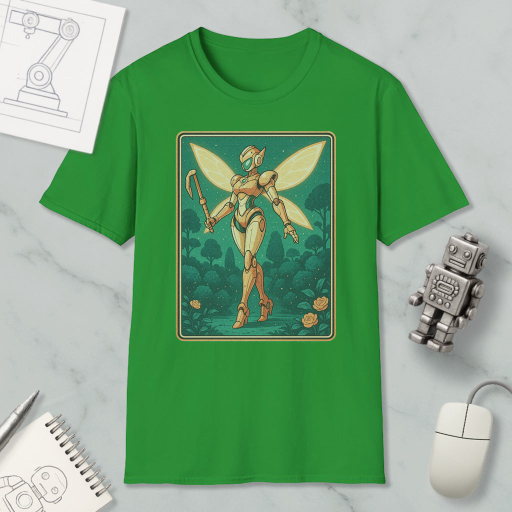 a green t-shirt with a graphic design depicting a fairy-like robot or character, surrounded by a forest scene. The t-shirt is placed on a marble surface, along with a computer mouse, a notebook, and a small robot figurine.