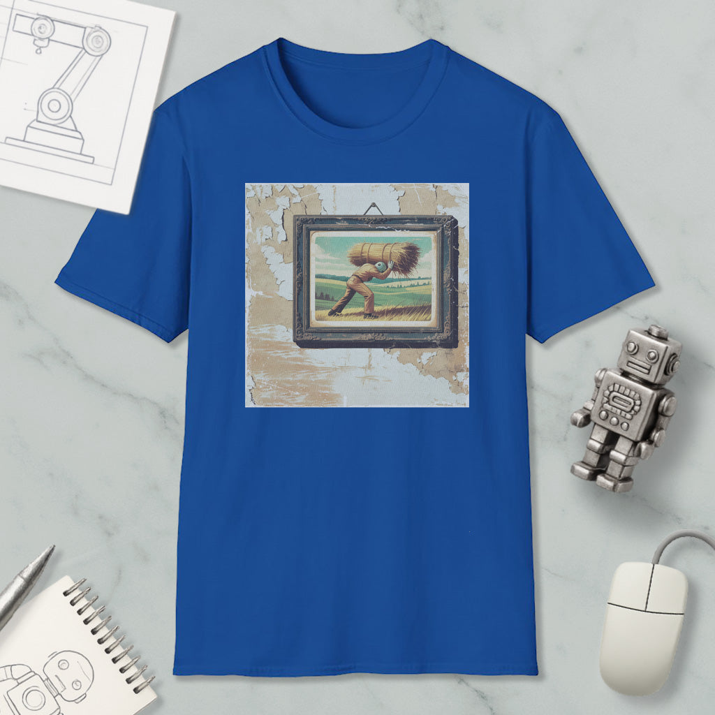 a blue t-shirt with a painting of a man carrying a large bundle on his back, surrounded by various objects such as a computer mouse, a robot, and a notebook.