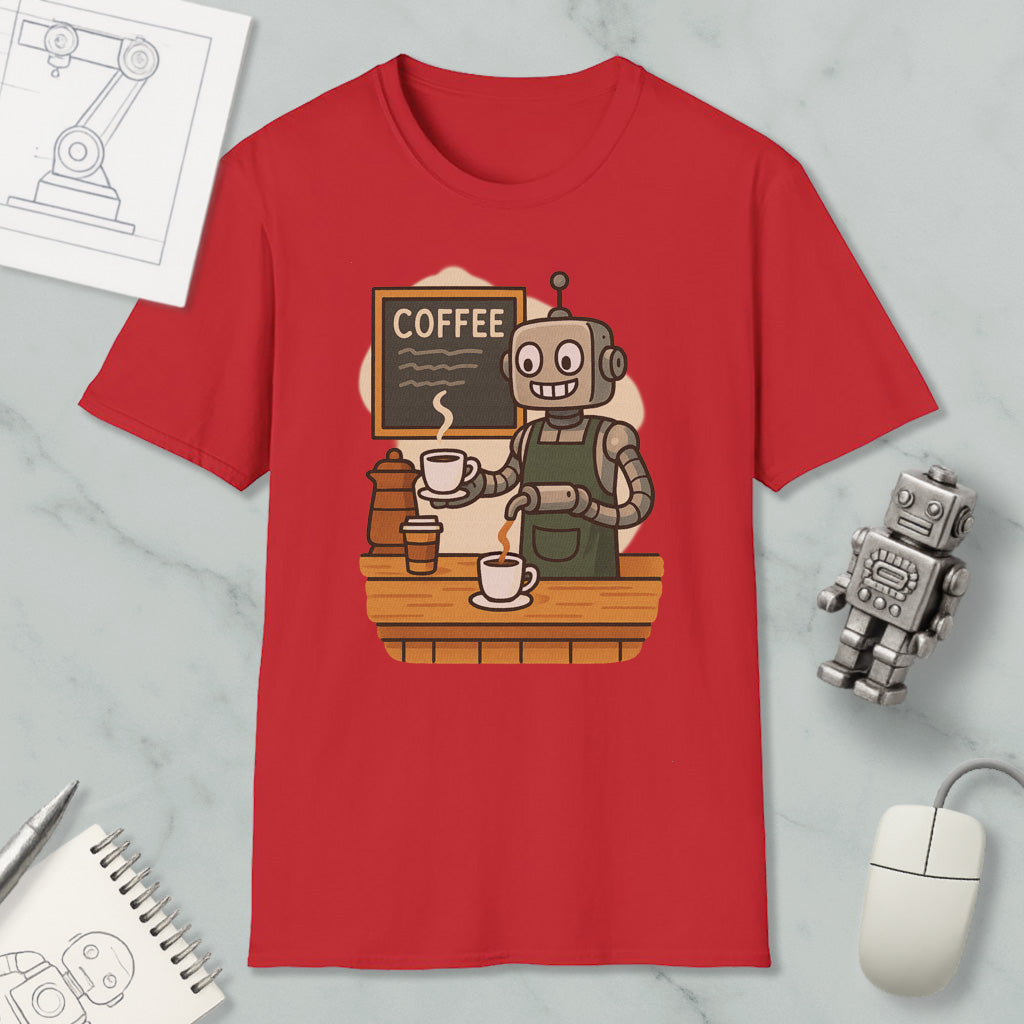 a red t-shirt with a cartoon illustration of a robot serving coffee, accompanied by a coffee cup and a coffee machine. The t-shirt is displayed on a marble surface, with a computer mouse and a notebook visible in the background.