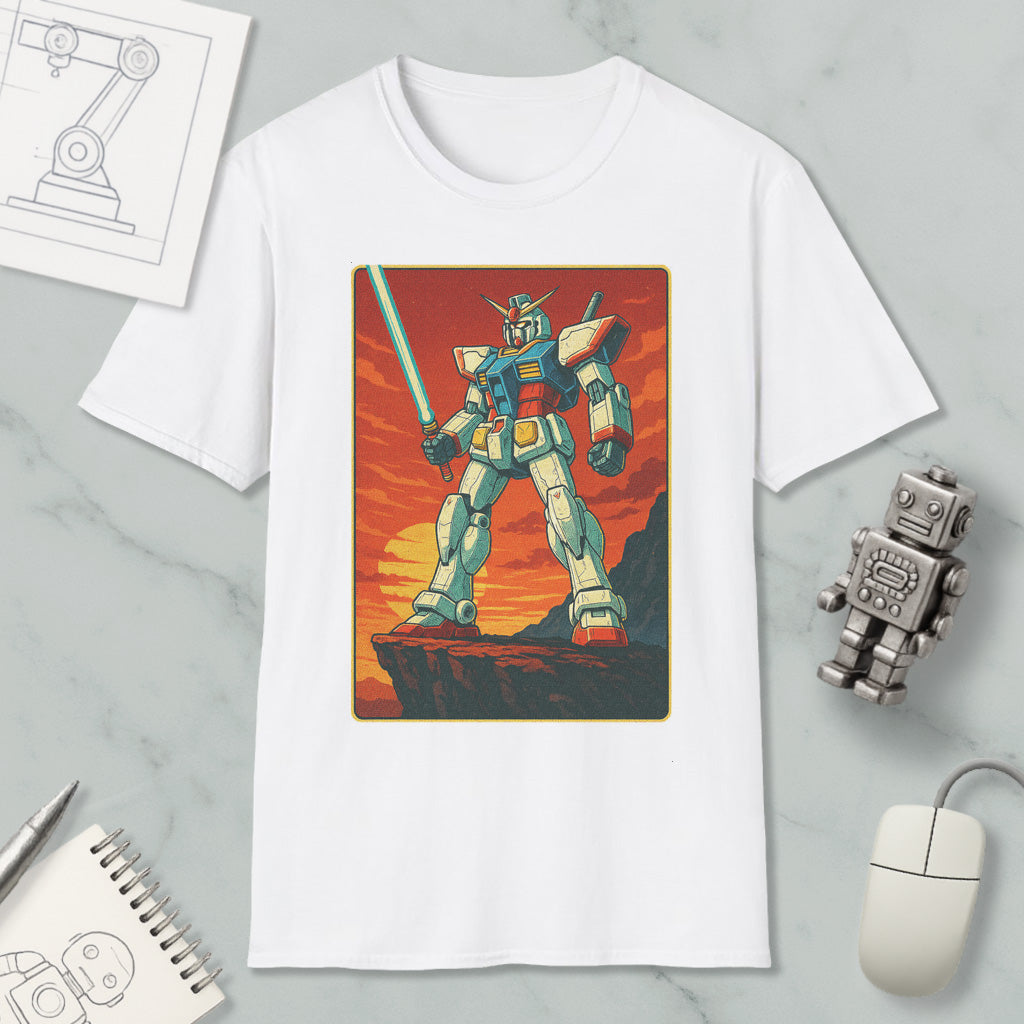 a white t-shirt with a graphic design of a robot or mechanical figure, along with a computer mouse and other office supplies.