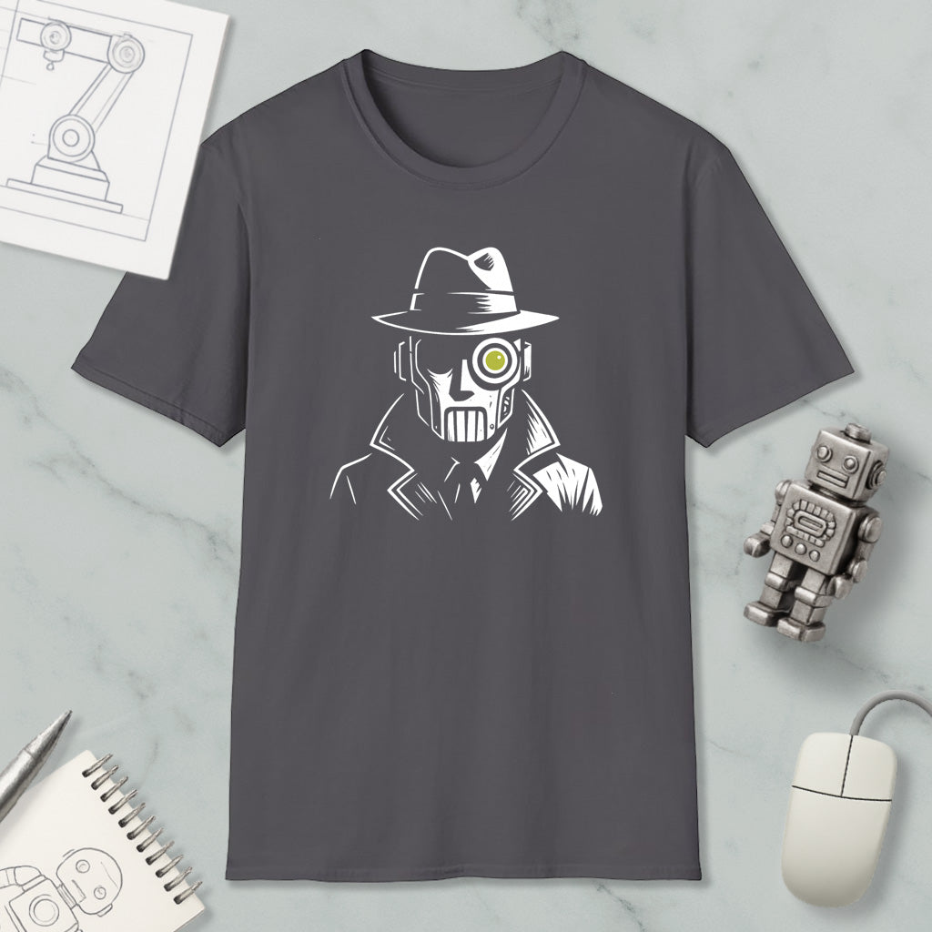 a gray t-shirt with a graphic design depicting a man wearing a hat and a mask, along with a yellow eye patch. The t-shirt is displayed on a marble surface, accompanied by various objects such as a computer mouse, a notebook, and a small robot.