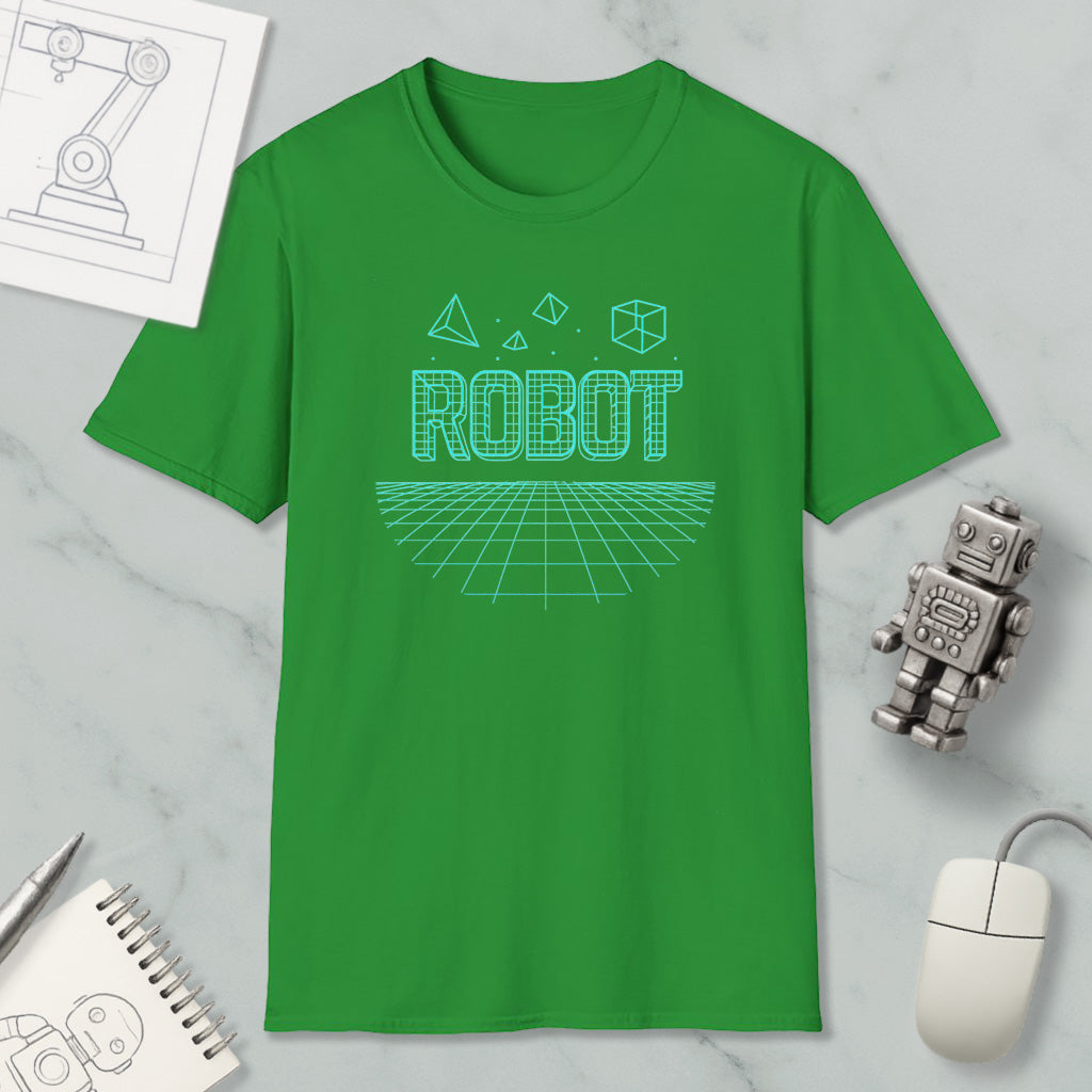 a green t-shirt with the word "ROBOT" printed on it, along with various geometric shapes and a robot figure. The t-shirt is displayed on a marble surface, accompanied by a computer mouse, a notebook, and a pen.