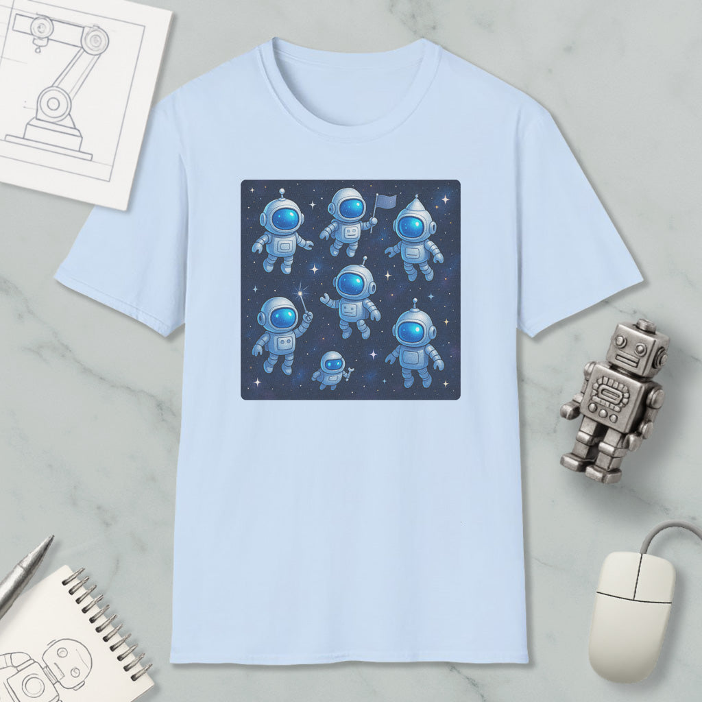 A light blue t-shirt with a graphic design of seven cartoon-like astronaut figures in a space scene, surrounded by stars.