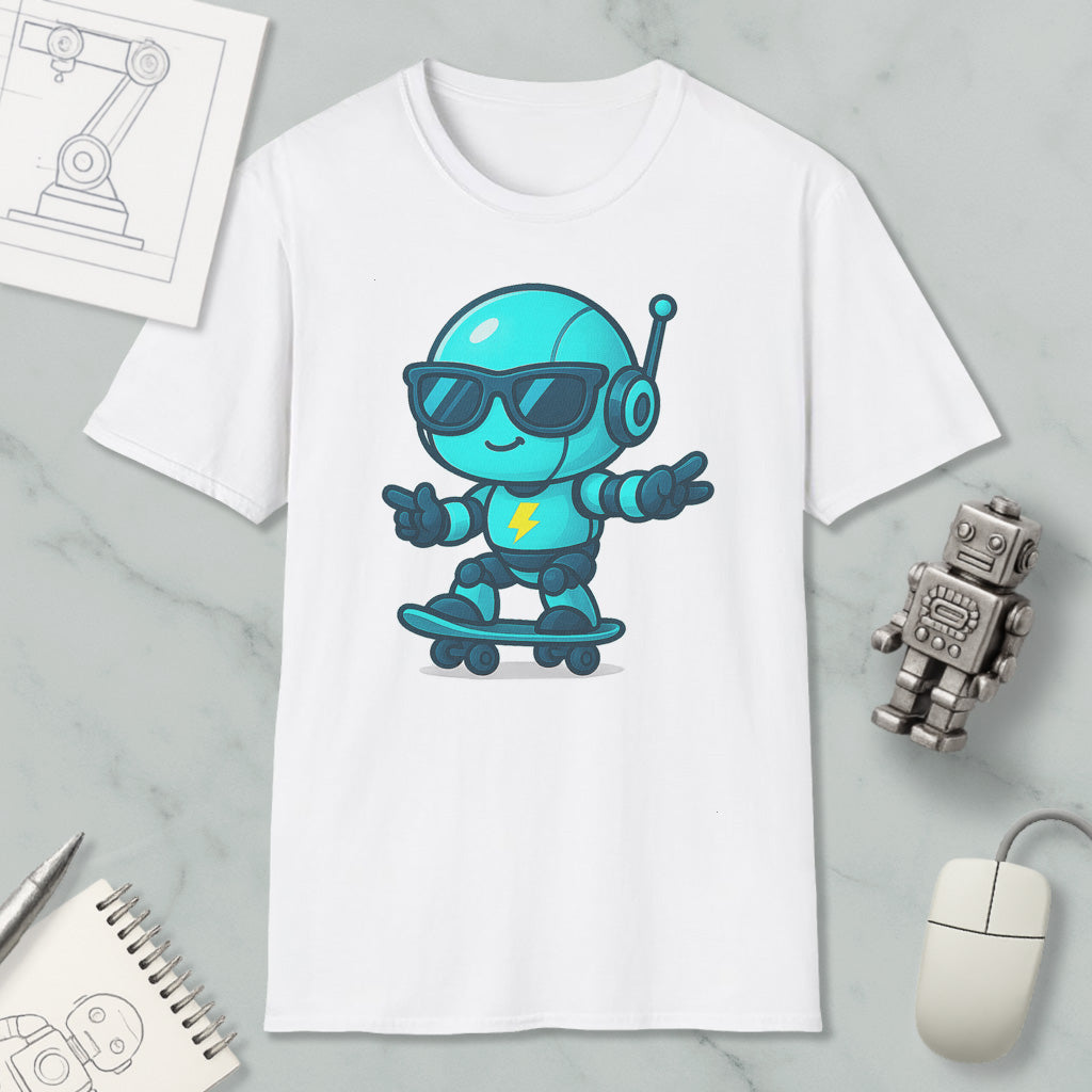 a white t-shirt with a cartoon robot riding a skateboard, accompanied by a computer mouse, a notebook, and a robot figurine.