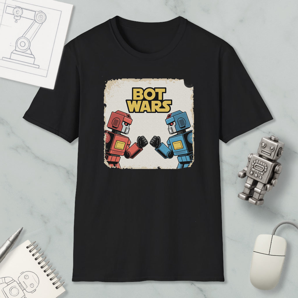 a black t-shirt with a graphic design depicting two robot characters, one in red and one in blue, engaged in a battle or fight. The text "BOT WARS" is displayed above the robot characters, suggesting a theme related to robotic conflict or competition.