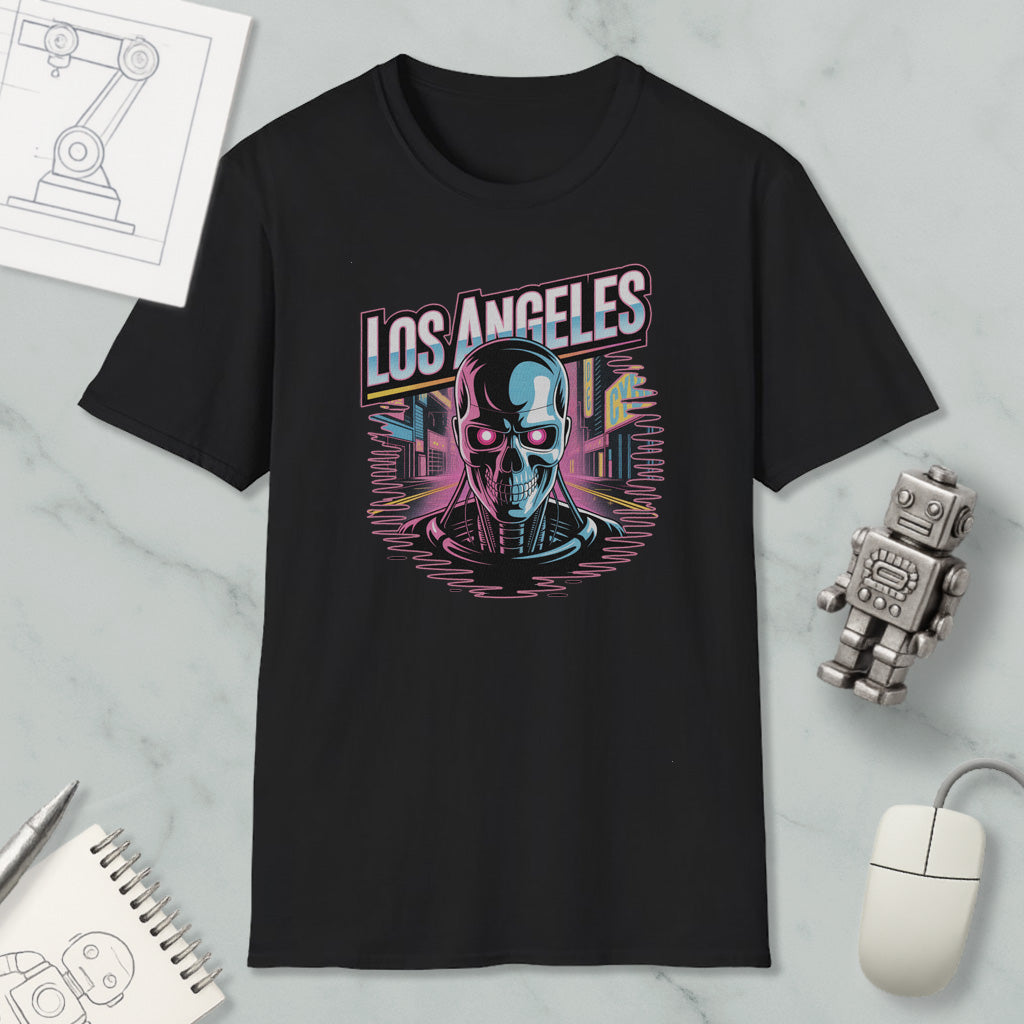 a black t-shirt with a graphic design of a skull and cityscape, along with a robot and a mouse.