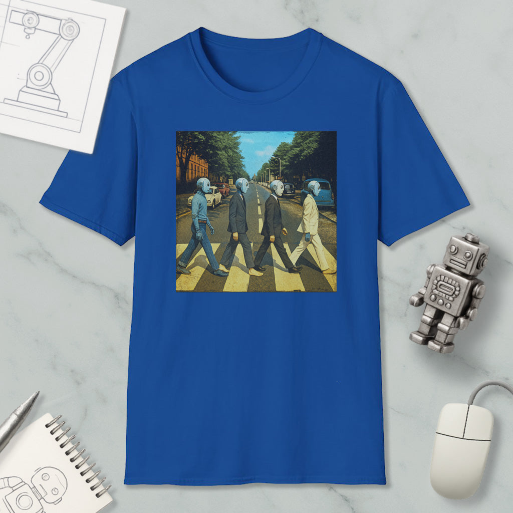 a blue t-shirt with a square graphic design depicting four people walking on a crosswalk, with one person wearing a suit and tie.