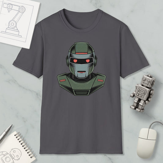 a gray t-shirt with a graphic of a robot or robot-like character, along with a computer mouse and a notebook.