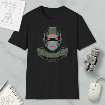 a black t-shirt with a graphic of a robot or robot-like character, along with a computer mouse and a notebook.