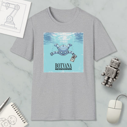 a gray t-shirt with a graphic design depicting a robot underwater, accompanied by the text "BOTVANA NERVETED".