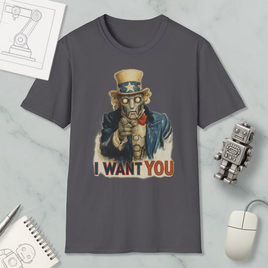 a gray t-shirt with a graphic design of a robot character and the text "I WANT YOU" printed on it.