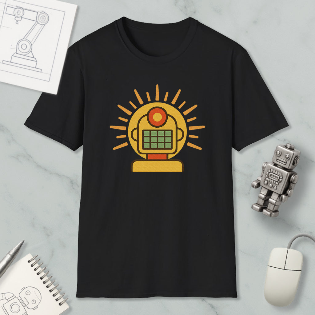 a black t-shirt with a graphic design of a robot or machine, along with various objects such as a computer mouse, a notebook, and a pen.