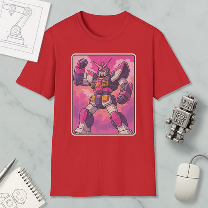 a red t-shirt with a graphic of a pink and purple robot or character, along with a computer mouse and other office supplies.