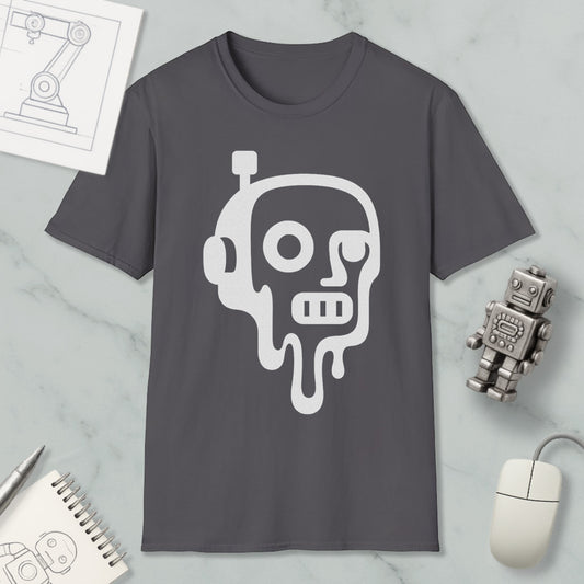 a gray t-shirt with a white graphic design depicting a robot or robot-like figure with dripping or melting features, surrounded by various objects such as a computer mouse, a notebook, and a small robot figurine.