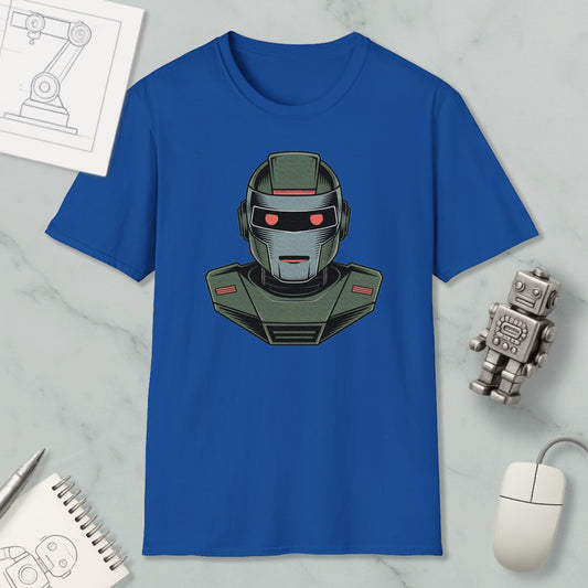 a blue t-shirt with a graphic of a robot or robot-like character on it, along with a computer mouse and a notebook.