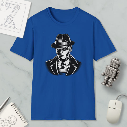 a blue t-shirt with a graphic of a man wearing a hat and suit, along with a computer mouse and a notebook.