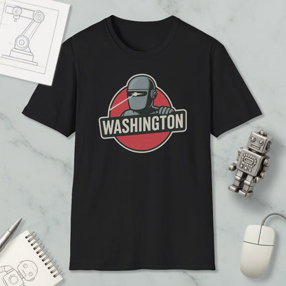 a black t-shirt with a graphic design of a robot and the word "WASHINGTON" printed on it, along with a computer mouse and a notebook.