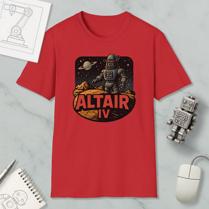 a red t-shirt with a graphic design depicting a robot standing on a rocky surface with a planet in the background, along with the text "ALT AIR IV".