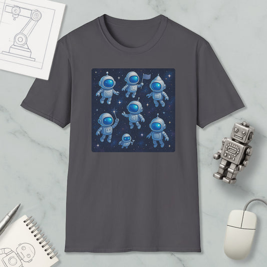 a gray t-shirt with a graphic design of eight cartoon-like astronaut figures in a space scene, surrounded by stars. The t-shirt is placed on a marble surface, and there are various objects such as a computer mouse, a notepad, and a robot figurine nearby.
