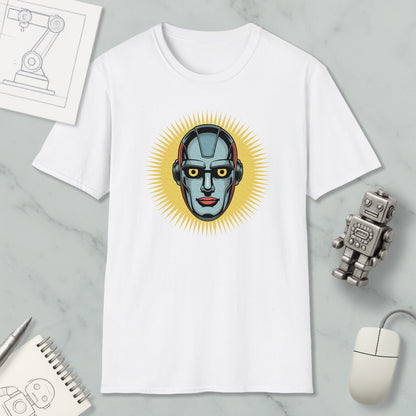 a white t-shirt with a graphic design of a robot's face, surrounded by various objects such as a computer mouse, a notebook, and a pen.