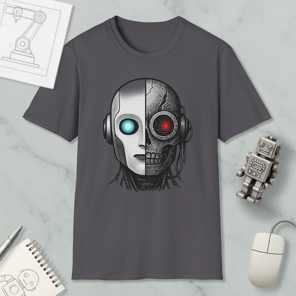 a gray t-shirt with a graphic design depicting a robot or cyborg head with a skull-like face, surrounded by various objects such as a computer mouse, a notebook, and a robot figurine.