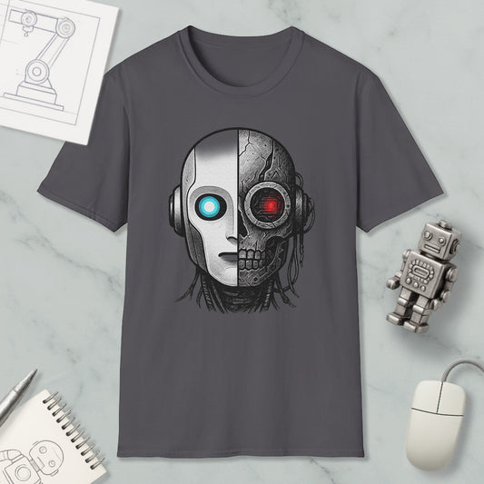 a gray t-shirt with a graphic design depicting a robot or cyborg head with a skull-like face, surrounded by various objects such as a computer mouse, a notebook, and a robot figurine.