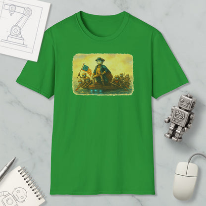 a green t-shirt with a graphic design depicting a man on a boat, surrounded by other people, on a marble surface.