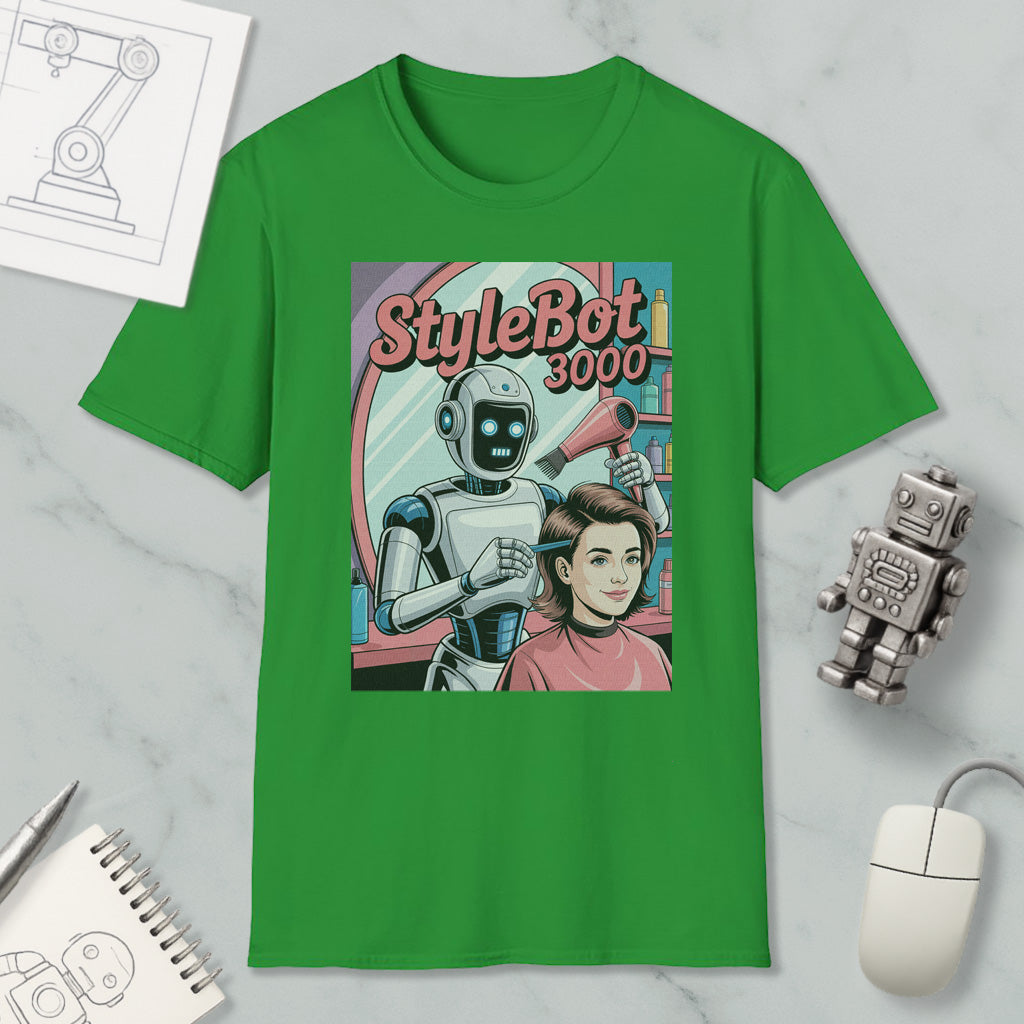 a green t-shirt with a graphic design depicting a robot hairdresser styling a woman's hair. The t-shirt is placed on a marble surface, surrounded by various objects such as a computer mouse, a notebook, and a toy robot.