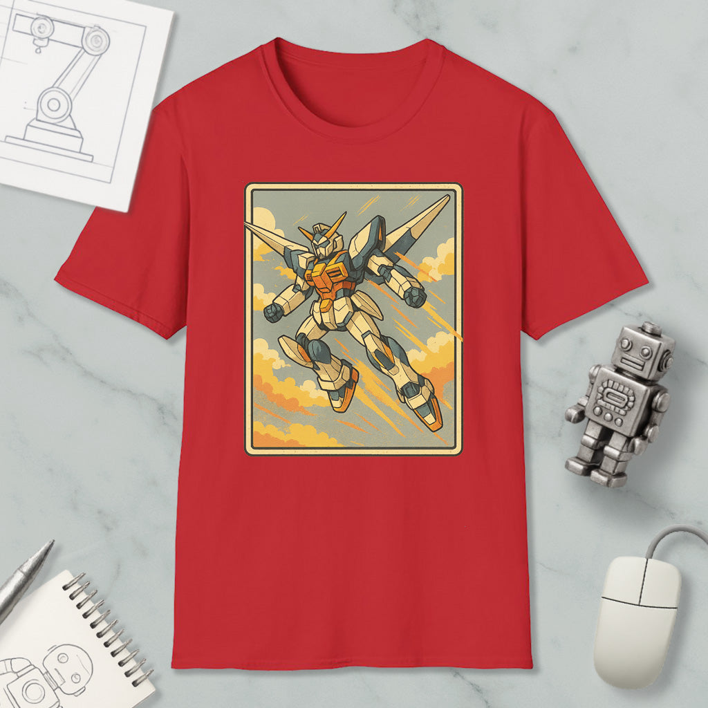 a red t-shirt with a graphic of a robot or character, along with various objects such as a computer mouse, a notebook, and a robot figurine.