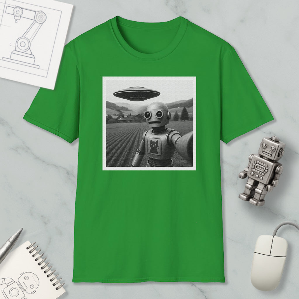 a green t-shirt with a black and white photograph of a robot, a small robot, and a spaceship in the background.