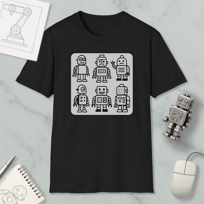 a black t-shirt with a graphic design of six cartoon-style robots, along with a computer mouse and a notebook on a marble surface.