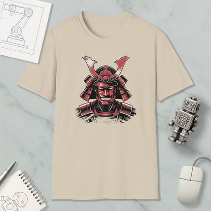 a beige t-shirt with a graphic design of a red and black warrior figure, along with various objects such as a computer mouse, a notebook, and a robot.